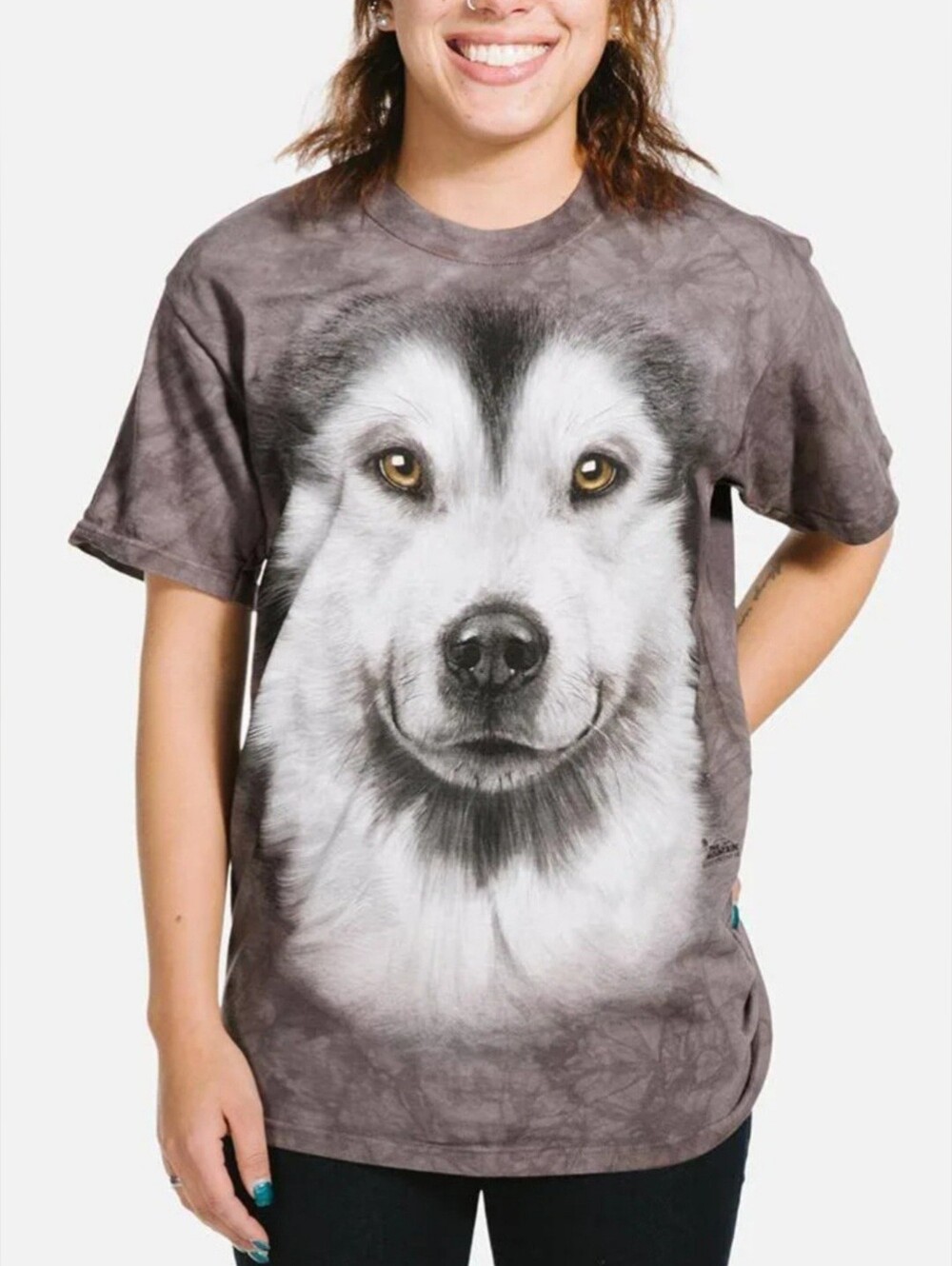 The Mountain Gray & White Husky Face Dog Graphic Tee 100% Cotton Kids Medium